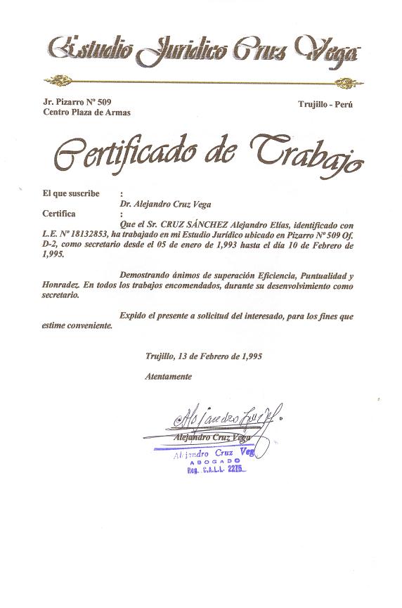 Certificado de Trabajo Estudio Juridico Cruz Vega